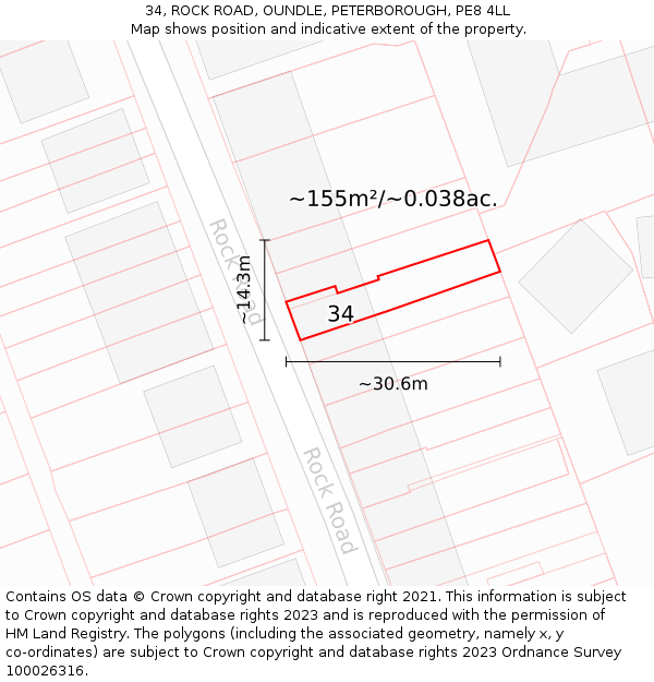 34, ROCK ROAD, OUNDLE, PETERBOROUGH, PE8 4LL: Plot and title map