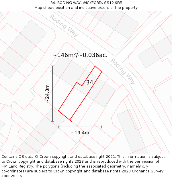 34, RODING WAY, WICKFORD, SS12 9BB: Plot and title map