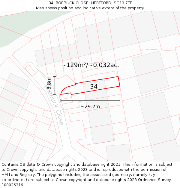34, ROEBUCK CLOSE, HERTFORD, SG13 7TE: Plot and title map