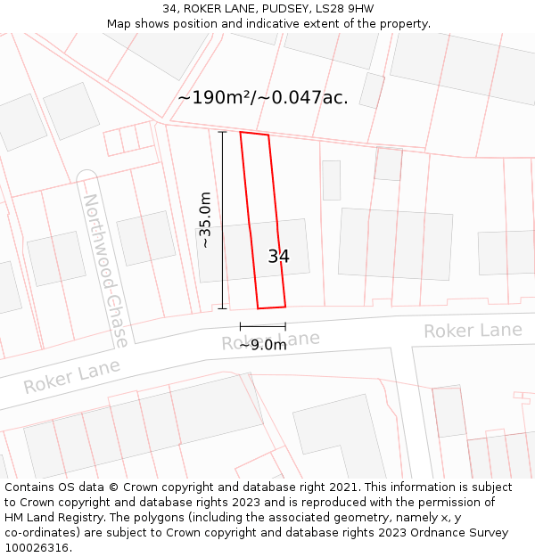 34, ROKER LANE, PUDSEY, LS28 9HW: Plot and title map