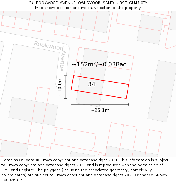 34, ROOKWOOD AVENUE, OWLSMOOR, SANDHURST, GU47 0TY: Plot and title map