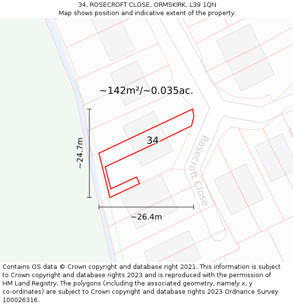 34, ROSECROFT CLOSE, ORMSKIRK, L39 1QN: Plot and title map