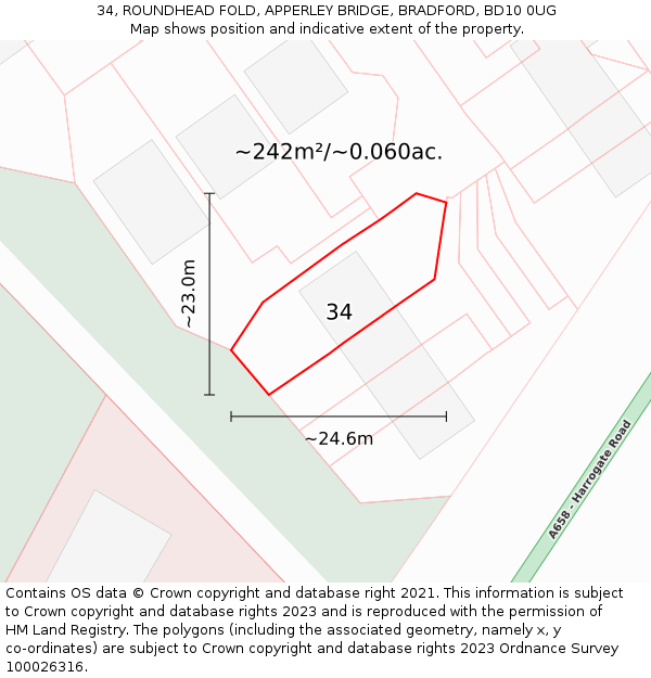 34, ROUNDHEAD FOLD, APPERLEY BRIDGE, BRADFORD, BD10 0UG: Plot and title map