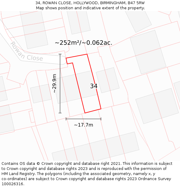 34, ROWAN CLOSE, HOLLYWOOD, BIRMINGHAM, B47 5RW: Plot and title map