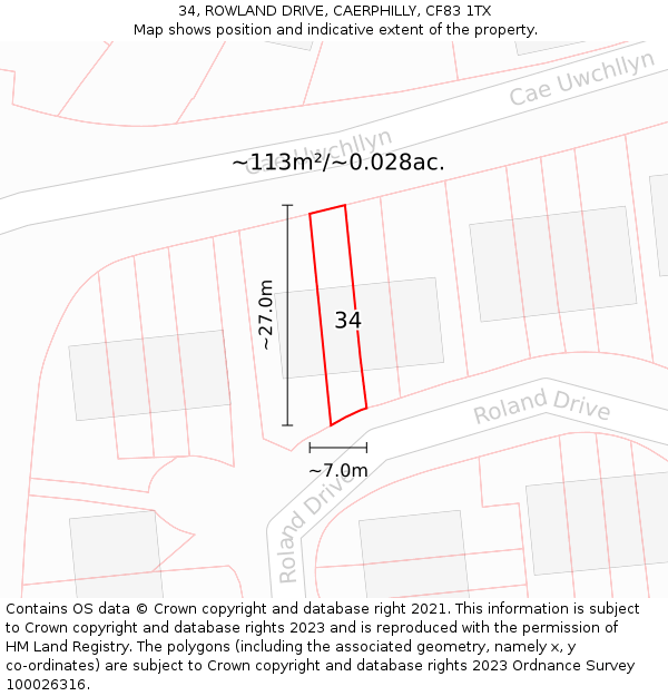 34, ROWLAND DRIVE, CAERPHILLY, CF83 1TX: Plot and title map