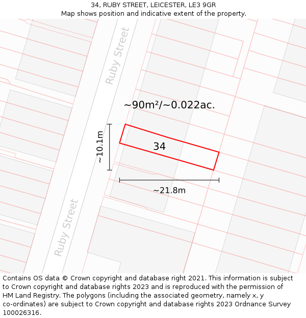 34, RUBY STREET, LEICESTER, LE3 9GR: Plot and title map