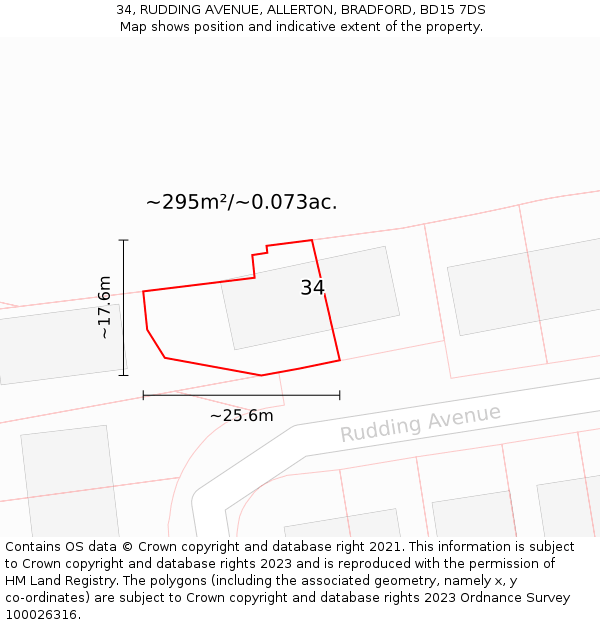 34, RUDDING AVENUE, ALLERTON, BRADFORD, BD15 7DS: Plot and title map
