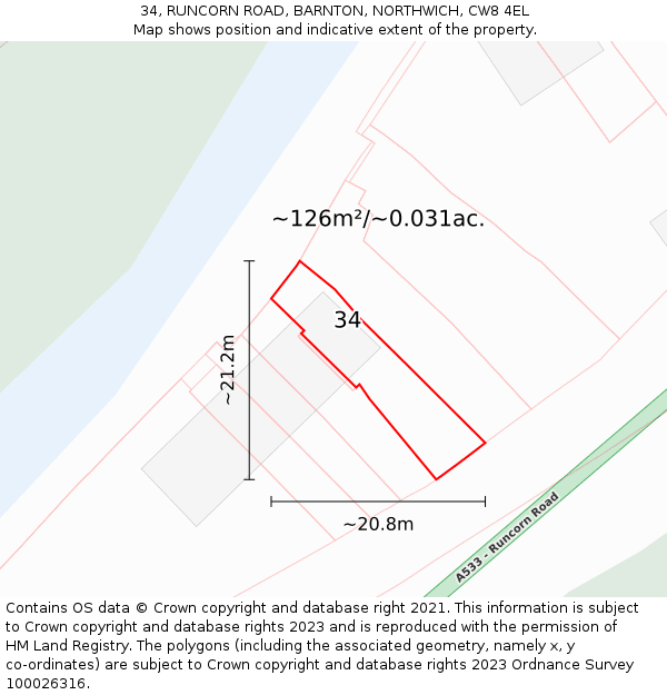 34, RUNCORN ROAD, BARNTON, NORTHWICH, CW8 4EL: Plot and title map