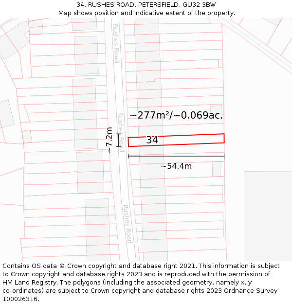 34, RUSHES ROAD, PETERSFIELD, GU32 3BW: Plot and title map