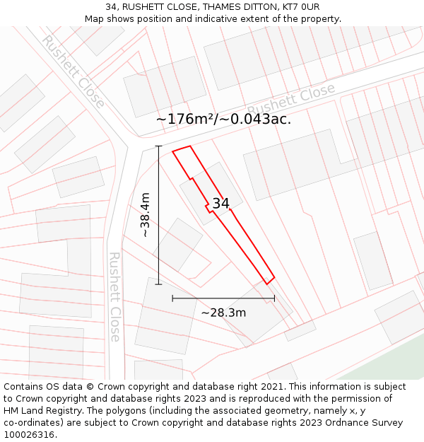 34, RUSHETT CLOSE, THAMES DITTON, KT7 0UR: Plot and title map