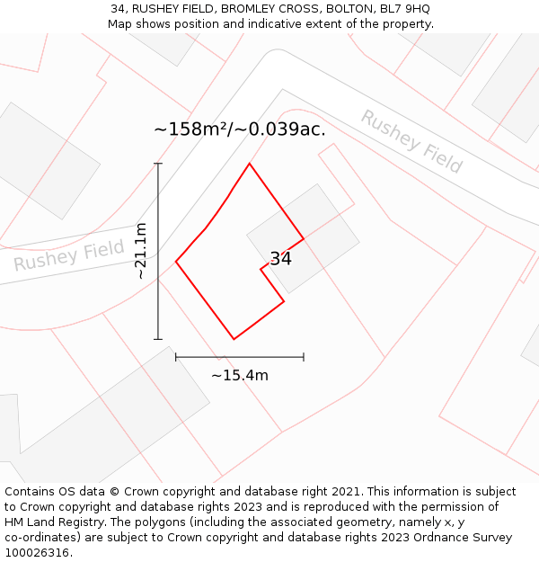 34, RUSHEY FIELD, BROMLEY CROSS, BOLTON, BL7 9HQ: Plot and title map