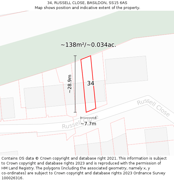 34, RUSSELL CLOSE, BASILDON, SS15 6AS: Plot and title map