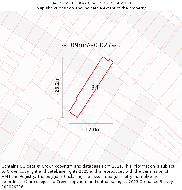 34, RUSSELL ROAD, SALISBURY, SP2 7LR: Plot and title map
