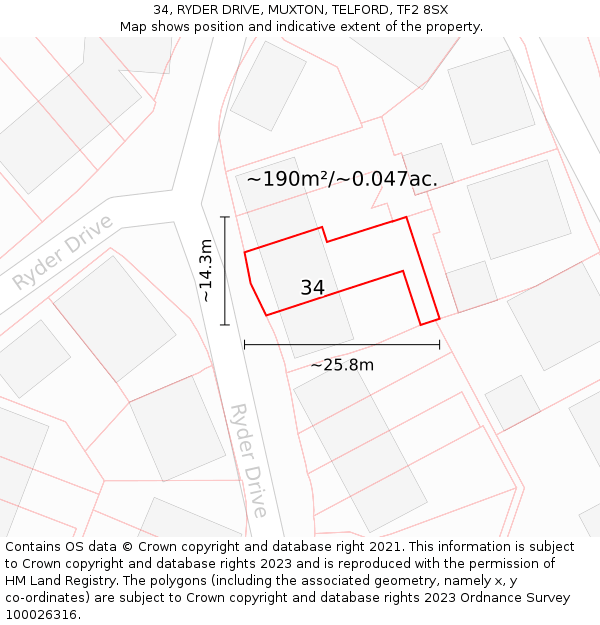 34, RYDER DRIVE, MUXTON, TELFORD, TF2 8SX: Plot and title map