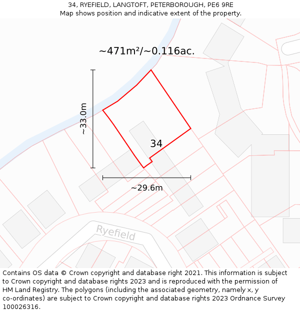 34, RYEFIELD, LANGTOFT, PETERBOROUGH, PE6 9RE: Plot and title map