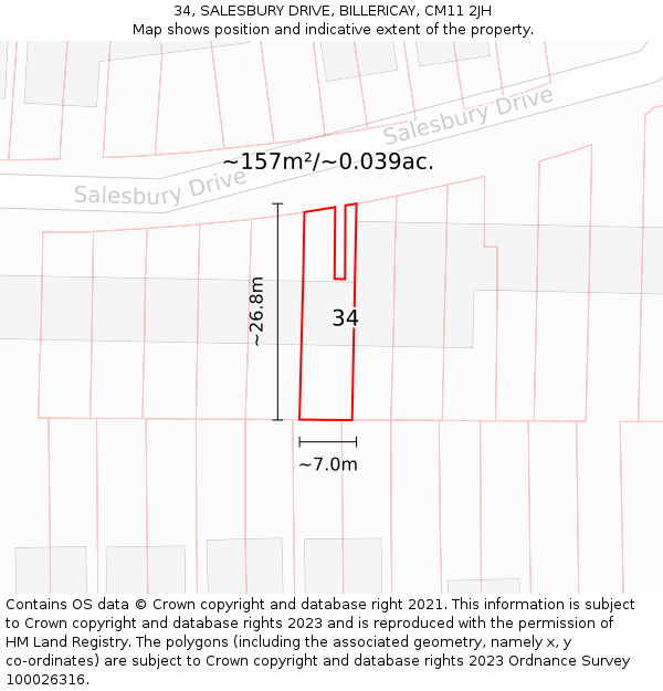 34, SALESBURY DRIVE, BILLERICAY, CM11 2JH: Plot and title map