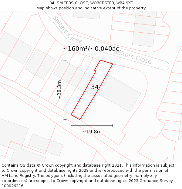 34, SALTERS CLOSE, WORCESTER, WR4 9XT: Plot and title map