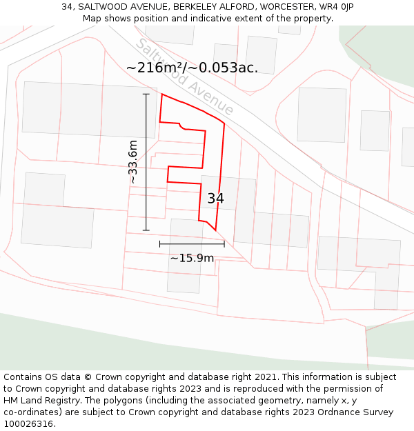 34, SALTWOOD AVENUE, BERKELEY ALFORD, WORCESTER, WR4 0JP: Plot and title map