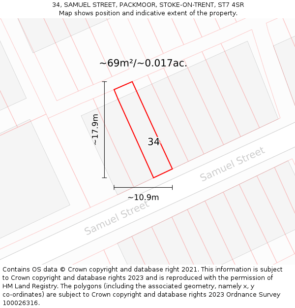 34, SAMUEL STREET, PACKMOOR, STOKE-ON-TRENT, ST7 4SR: Plot and title map
