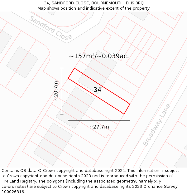 34, SANDFORD CLOSE, BOURNEMOUTH, BH9 3PQ: Plot and title map