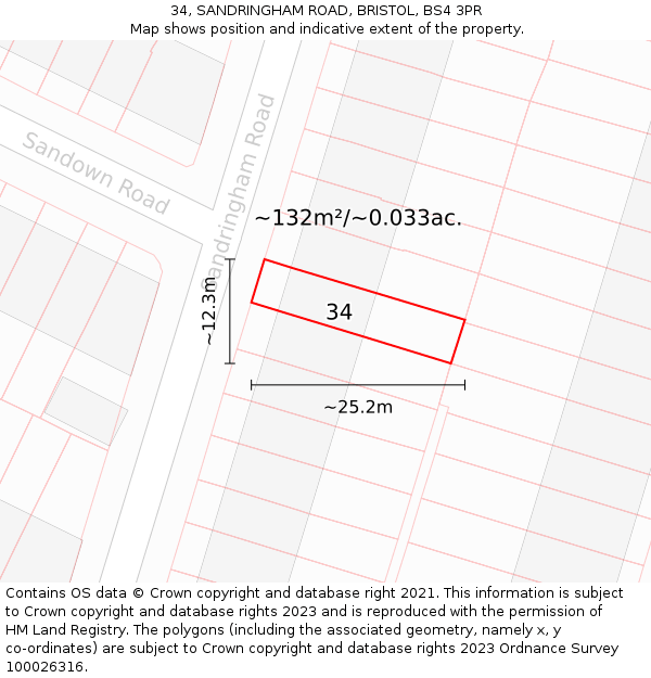 34, SANDRINGHAM ROAD, BRISTOL, BS4 3PR: Plot and title map
