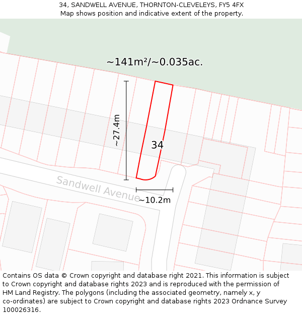 34, SANDWELL AVENUE, THORNTON-CLEVELEYS, FY5 4FX: Plot and title map