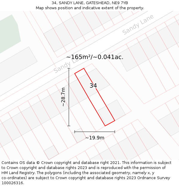 34, SANDY LANE, GATESHEAD, NE9 7YB: Plot and title map