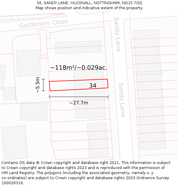 34, SANDY LANE, HUCKNALL, NOTTINGHAM, NG15 7GQ: Plot and title map