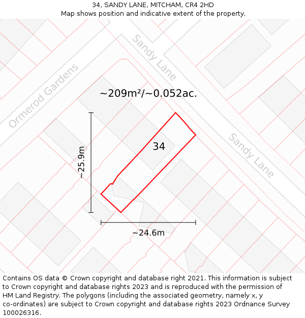 34, SANDY LANE, MITCHAM, CR4 2HD: Plot and title map