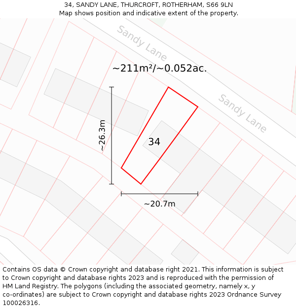 34, SANDY LANE, THURCROFT, ROTHERHAM, S66 9LN: Plot and title map