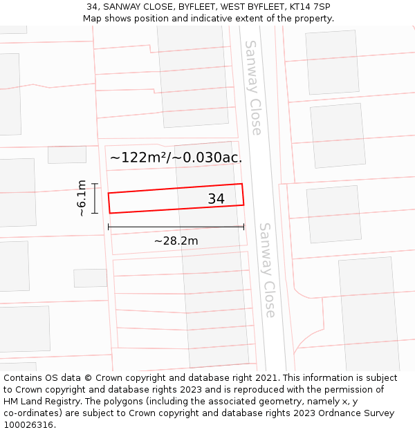34, SANWAY CLOSE, BYFLEET, WEST BYFLEET, KT14 7SP: Plot and title map