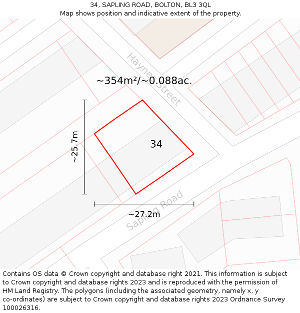 34, SAPLING ROAD, BOLTON, BL3 3QL: Plot and title map