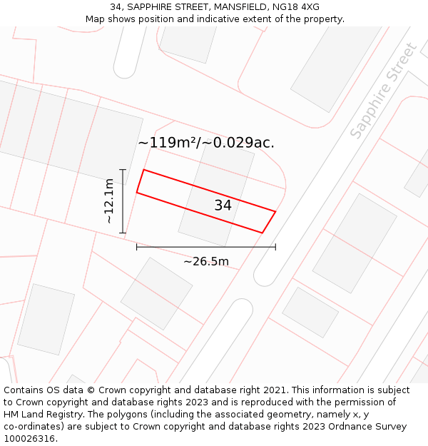 34, SAPPHIRE STREET, MANSFIELD, NG18 4XG: Plot and title map