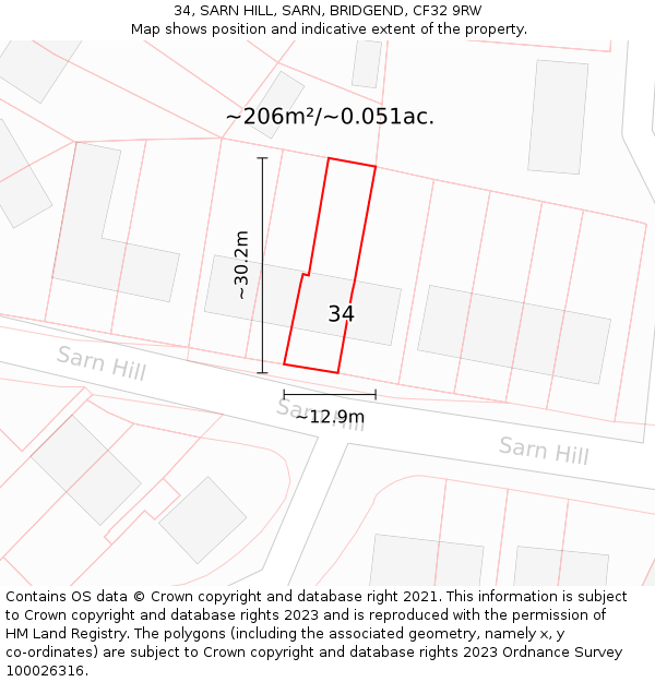 34, SARN HILL, SARN, BRIDGEND, CF32 9RW: Plot and title map