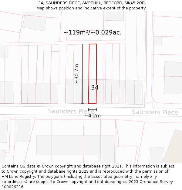 34, SAUNDERS PIECE, AMPTHILL, BEDFORD, MK45 2QB: Plot and title map