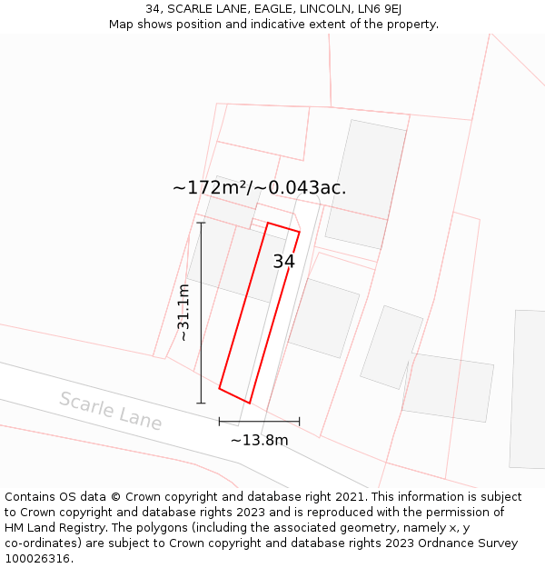 34, SCARLE LANE, EAGLE, LINCOLN, LN6 9EJ: Plot and title map