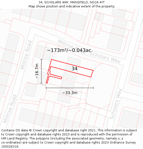 34, SCHOLARS WAY, MANSFIELD, NG18 4YT: Plot and title map
