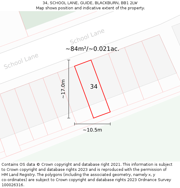 34, SCHOOL LANE, GUIDE, BLACKBURN, BB1 2LW: Plot and title map
