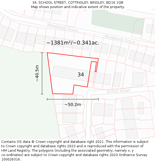34, SCHOOL STREET, COTTINGLEY, BINGLEY, BD16 1QB: Plot and title map
