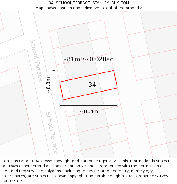 34, SCHOOL TERRACE, STANLEY, DH9 7QN: Plot and title map