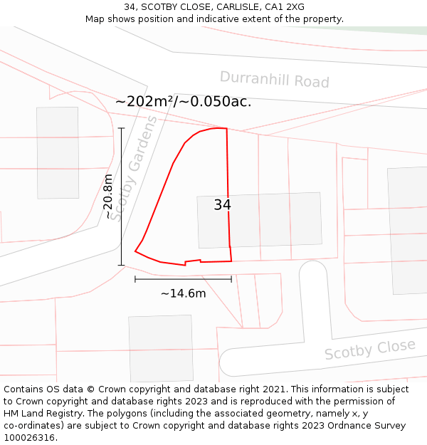 34, SCOTBY CLOSE, CARLISLE, CA1 2XG: Plot and title map