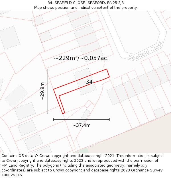 34, SEAFIELD CLOSE, SEAFORD, BN25 3JR: Plot and title map