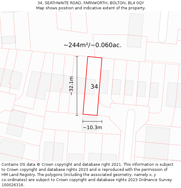 34, SEATHWAITE ROAD, FARNWORTH, BOLTON, BL4 0QY: Plot and title map