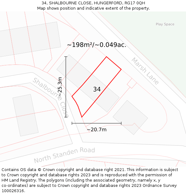34, SHALBOURNE CLOSE, HUNGERFORD, RG17 0QH: Plot and title map