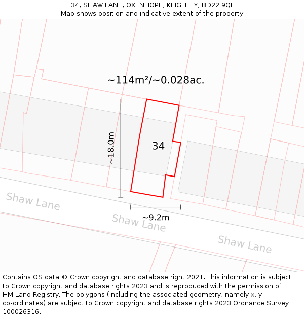 34, SHAW LANE, OXENHOPE, KEIGHLEY, BD22 9QL: Plot and title map