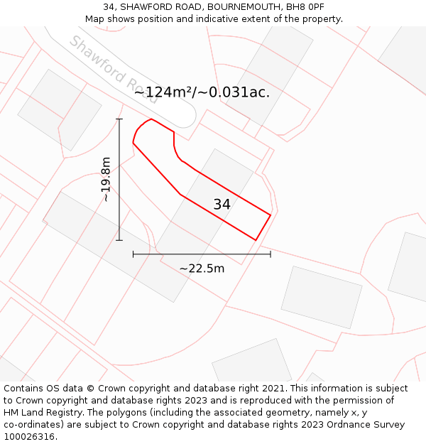 34, SHAWFORD ROAD, BOURNEMOUTH, BH8 0PF: Plot and title map