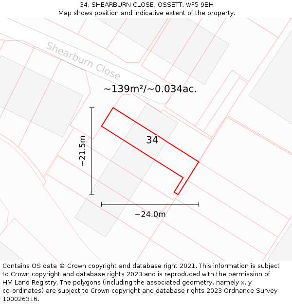 34, SHEARBURN CLOSE, OSSETT, WF5 9BH: Plot and title map