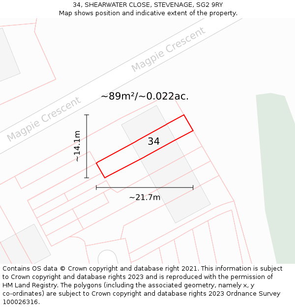 34, SHEARWATER CLOSE, STEVENAGE, SG2 9RY: Plot and title map