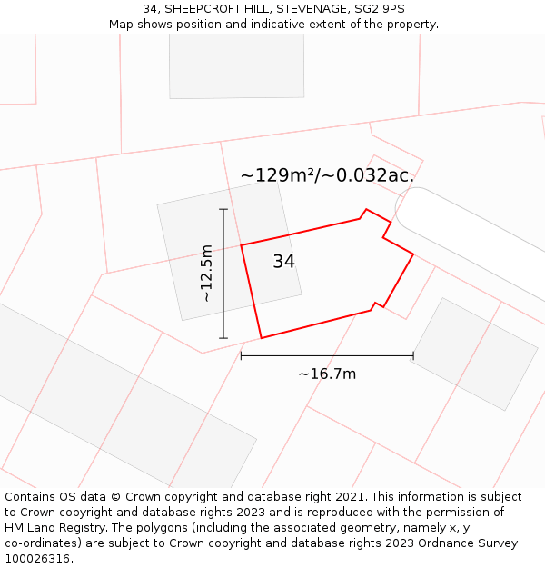 34, SHEEPCROFT HILL, STEVENAGE, SG2 9PS: Plot and title map