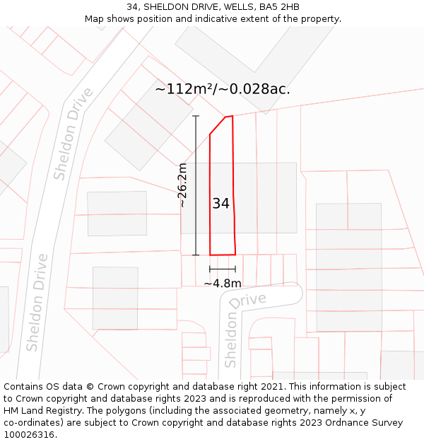 34, SHELDON DRIVE, WELLS, BA5 2HB: Plot and title map